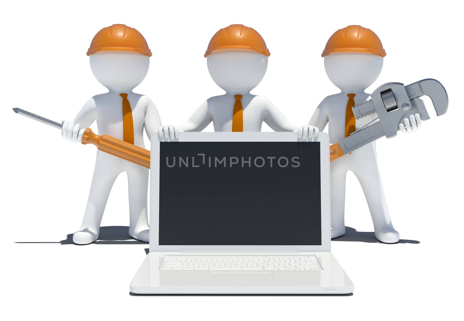 Three 3d people with tools and laptop. Isolated on white background