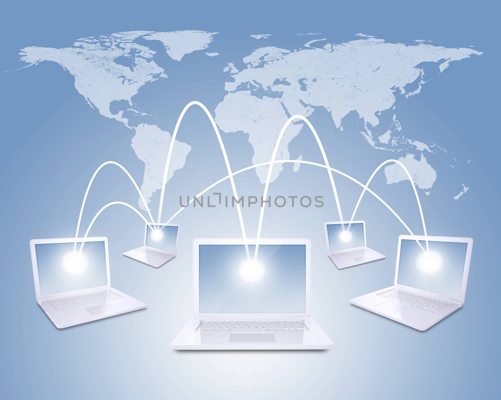 Laptops against world map background. Connections and network