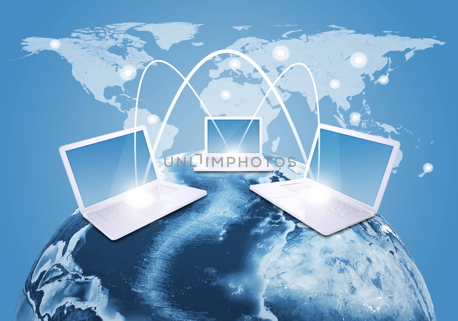 Laptops with Earth against world map background. Connections and network. Elements of this image are furnished by NASA