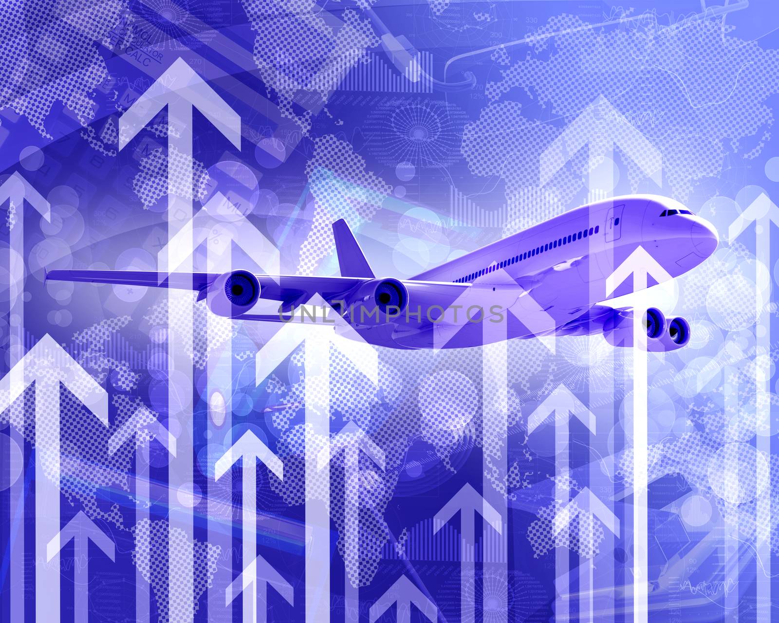 Airplane with the background of graphs and arrows. Concept growth in business