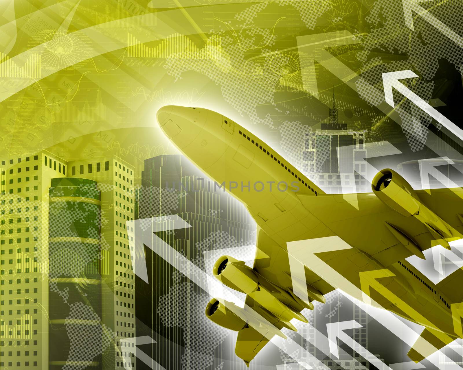 Airplane with background of skyscrapers and arrows by cherezoff
