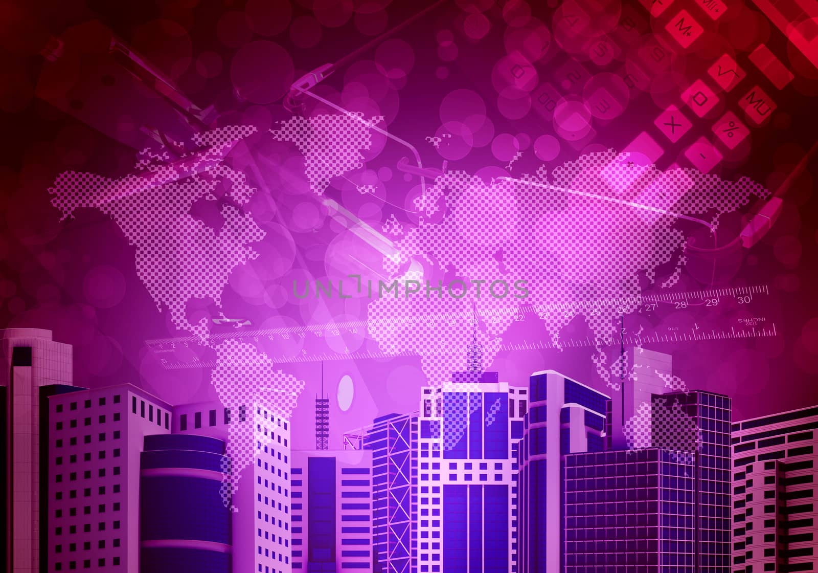 Skyscrapers with the background of objects and world map. Business concept