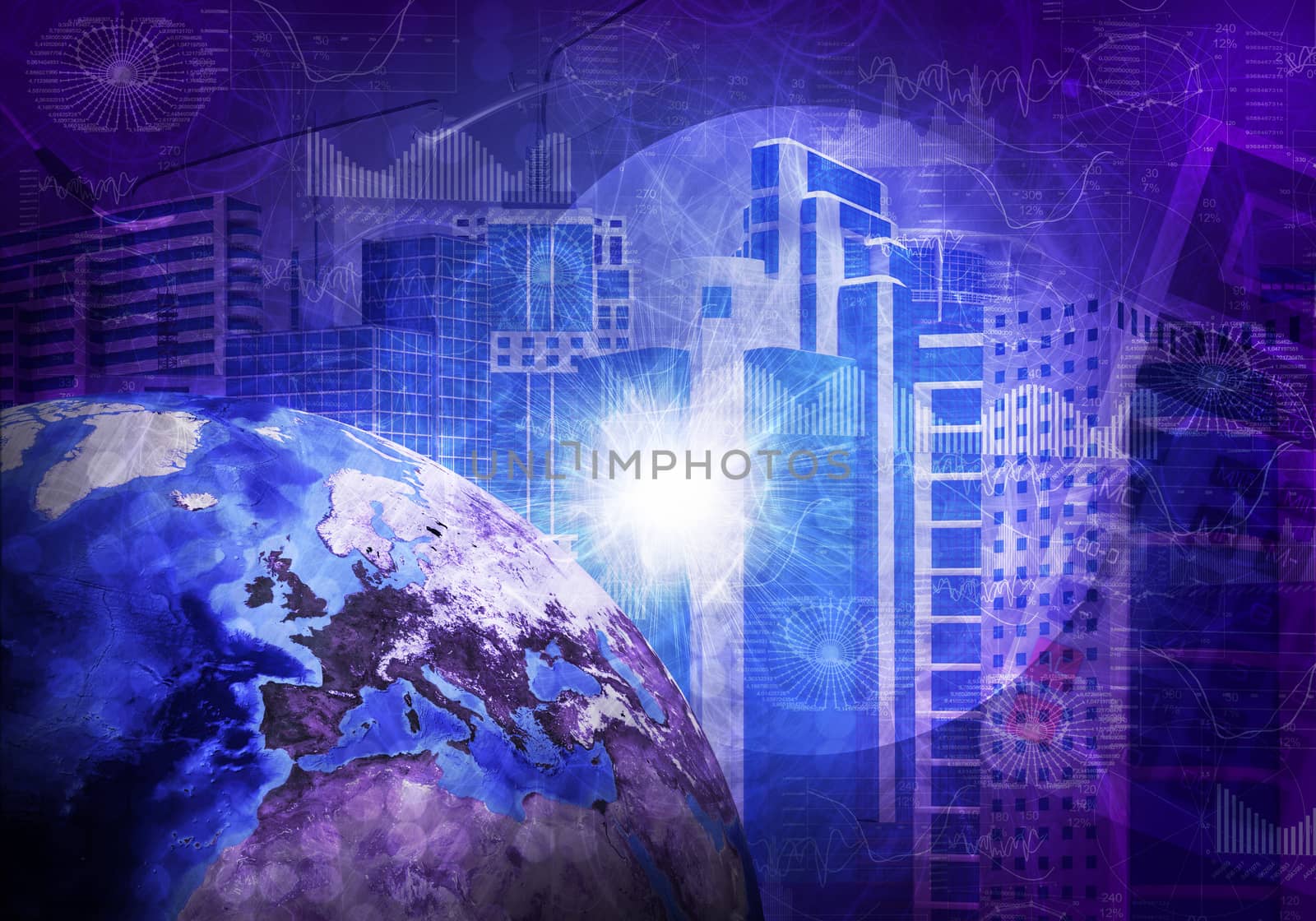 Skyscrapers and world map. Hi-tech technological background. Elements of this image are furnished by NASA