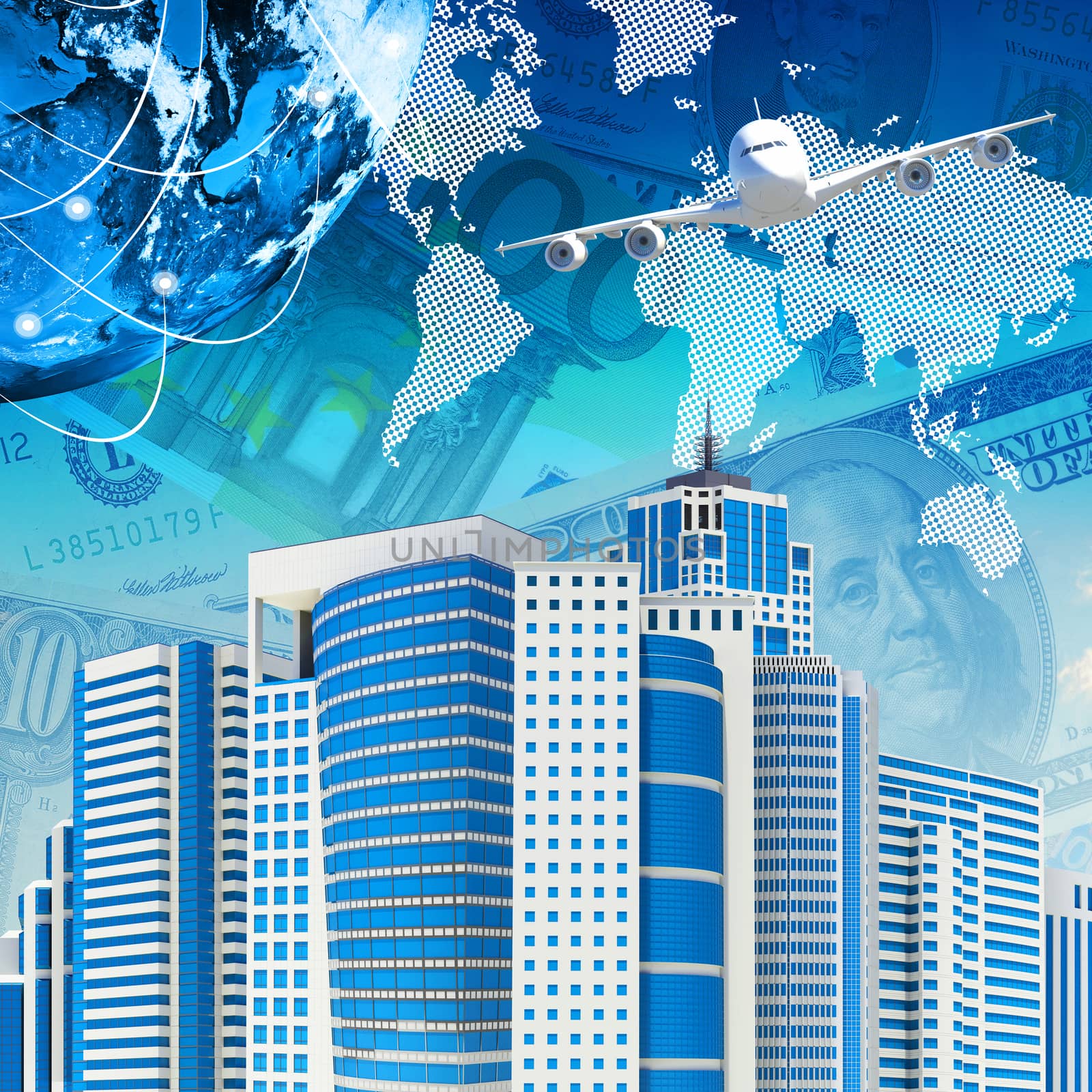 Airplane with the background of skyscrapers and Earth. Business concept. Elements this image are furnished by NASA