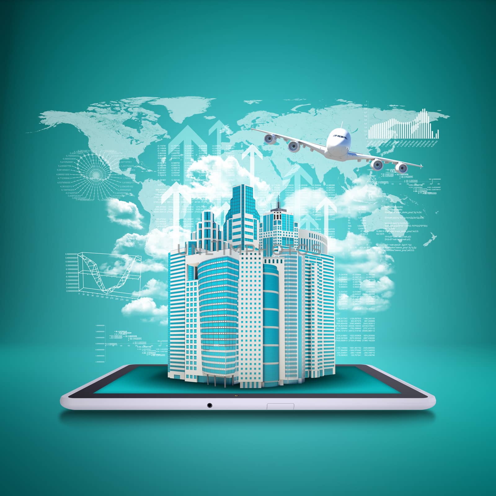 Airplane with background of skyscrapers on tablet by cherezoff