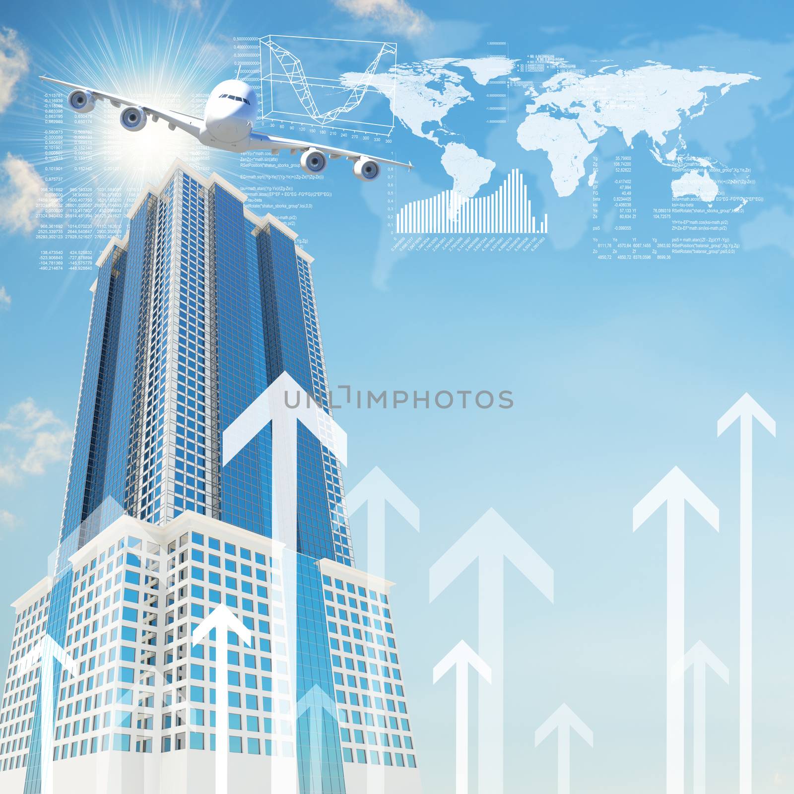 Airplane with the background of skyscraper and arrows. Concept growth in business