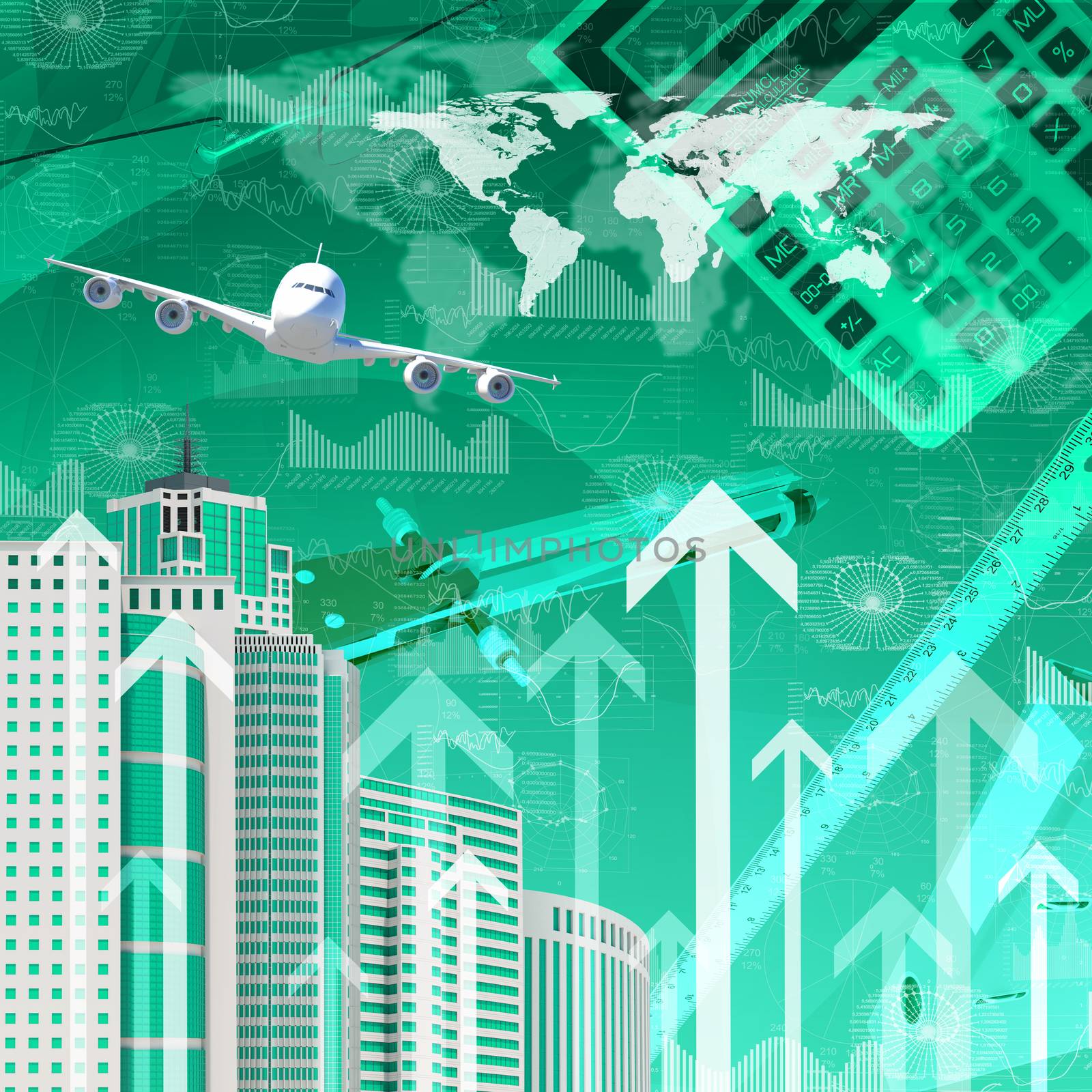 Airplane with the background of skyscrapers and arrows. Concept growth in business