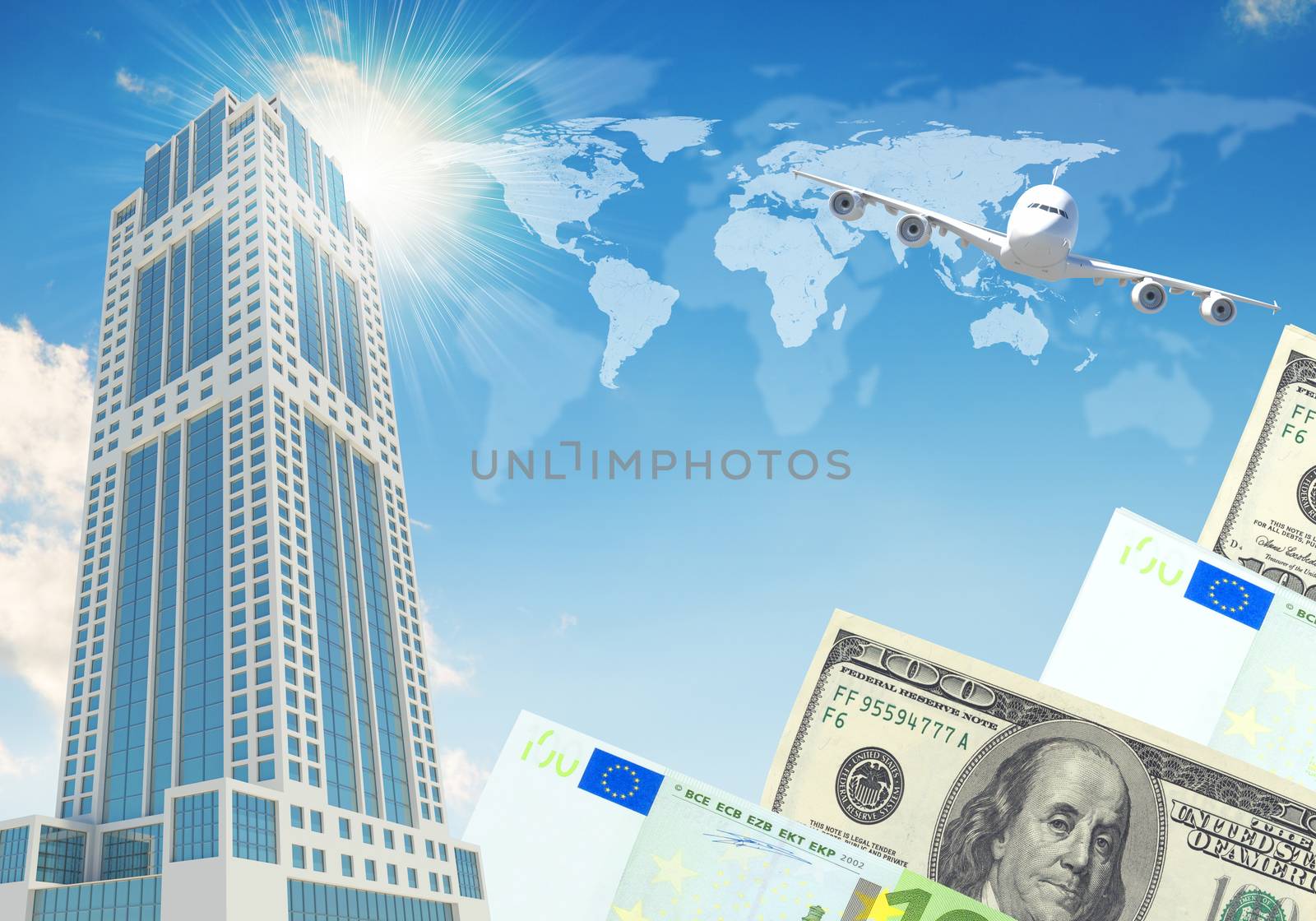 Airplane with background of skyscrapers and money by cherezoff