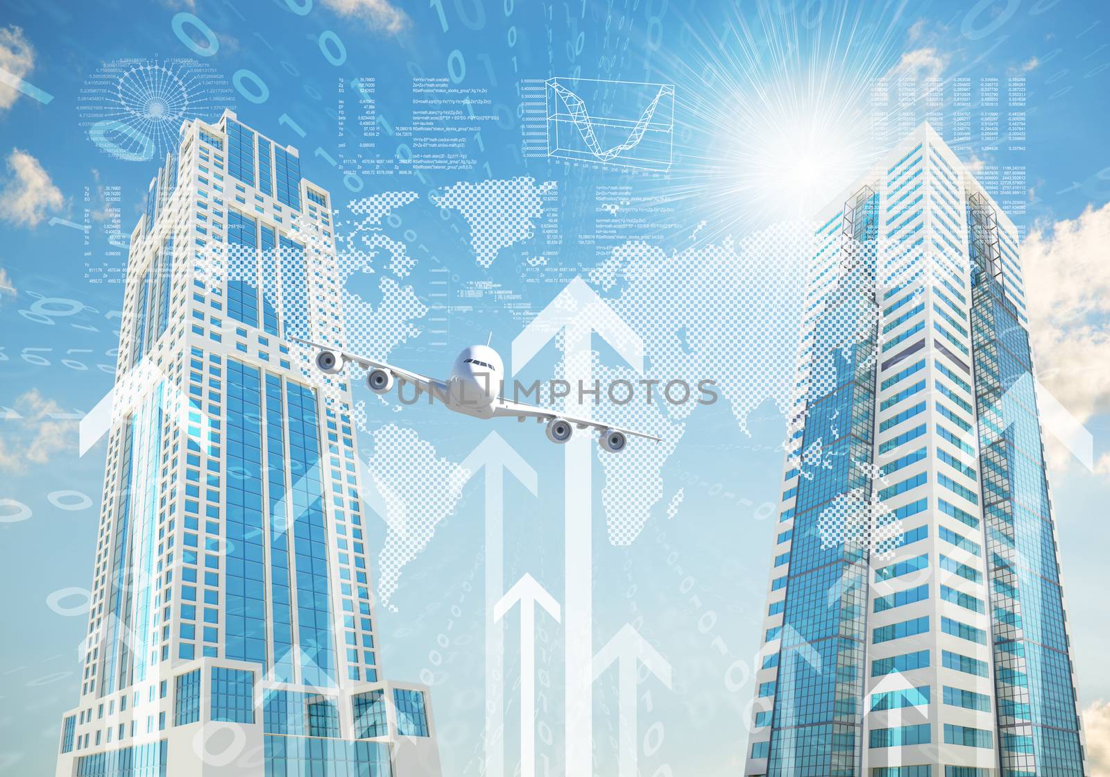 Airplane with the background of skyscrapers and arrows. Concept growth in business