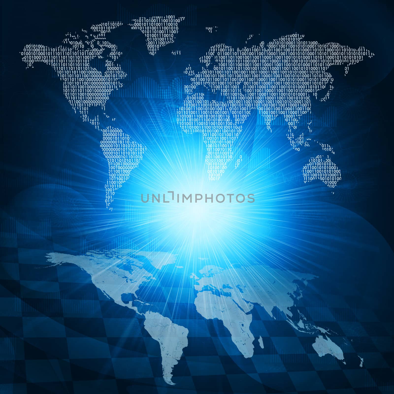 Glowing figures and world map. Hi-tech background by cherezoff