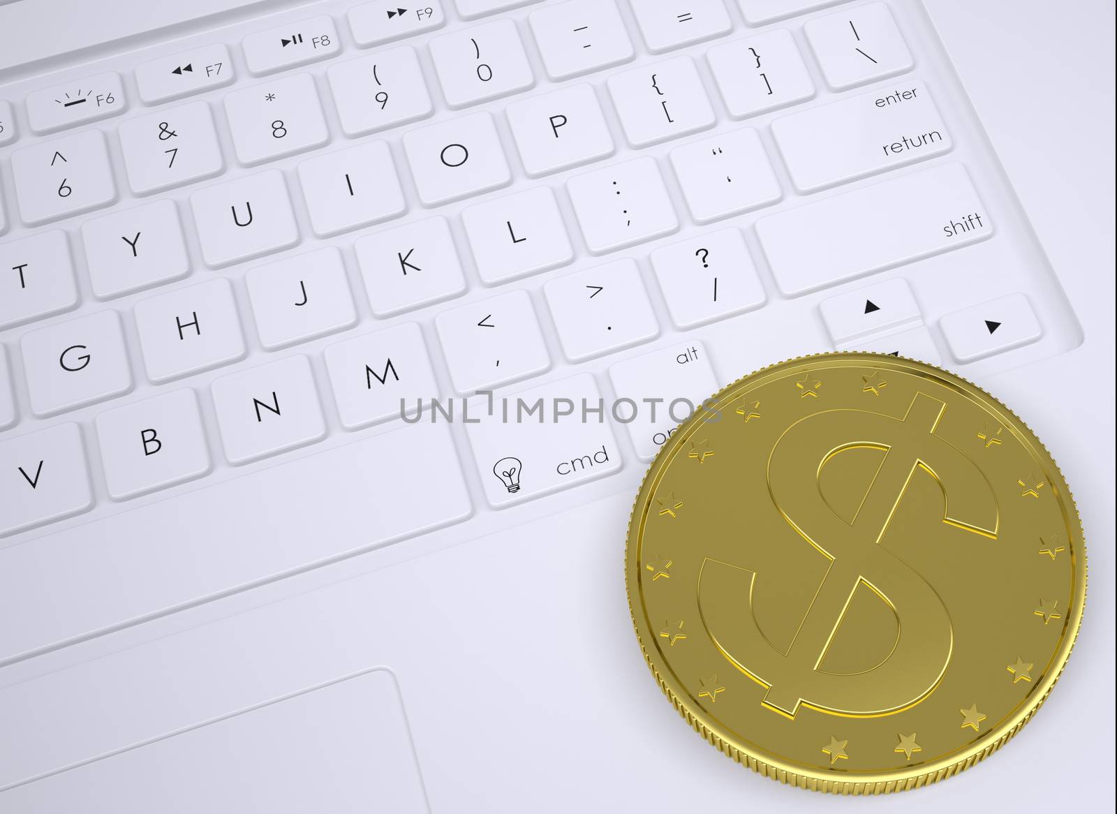 Gold dollar coin on the keyboard. View from above