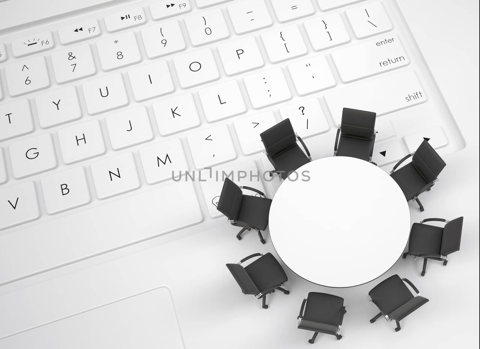 Office chairs and round table on the keyboard. View from above
