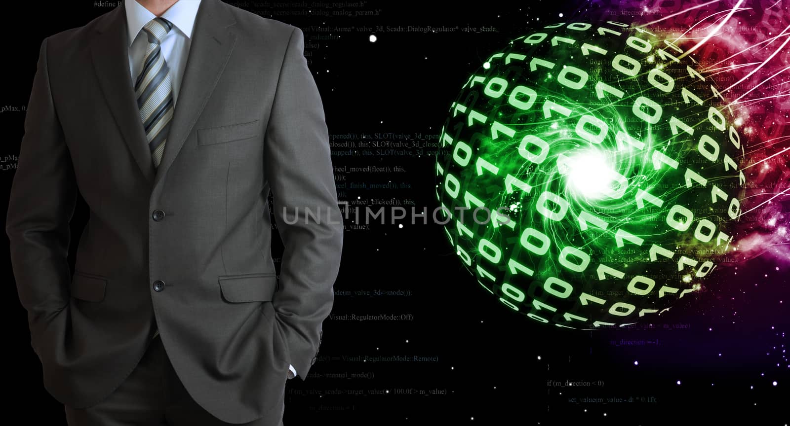 Businessman in a suit. Spheres of glowing digits on background