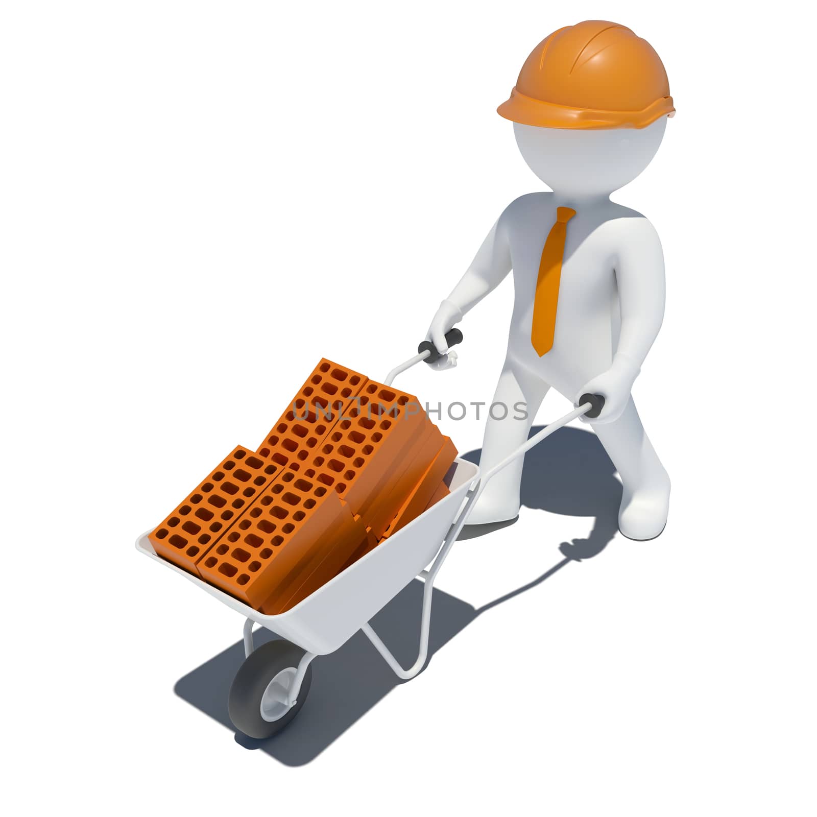 3d worker with wheelbarrow. Isolated on white background