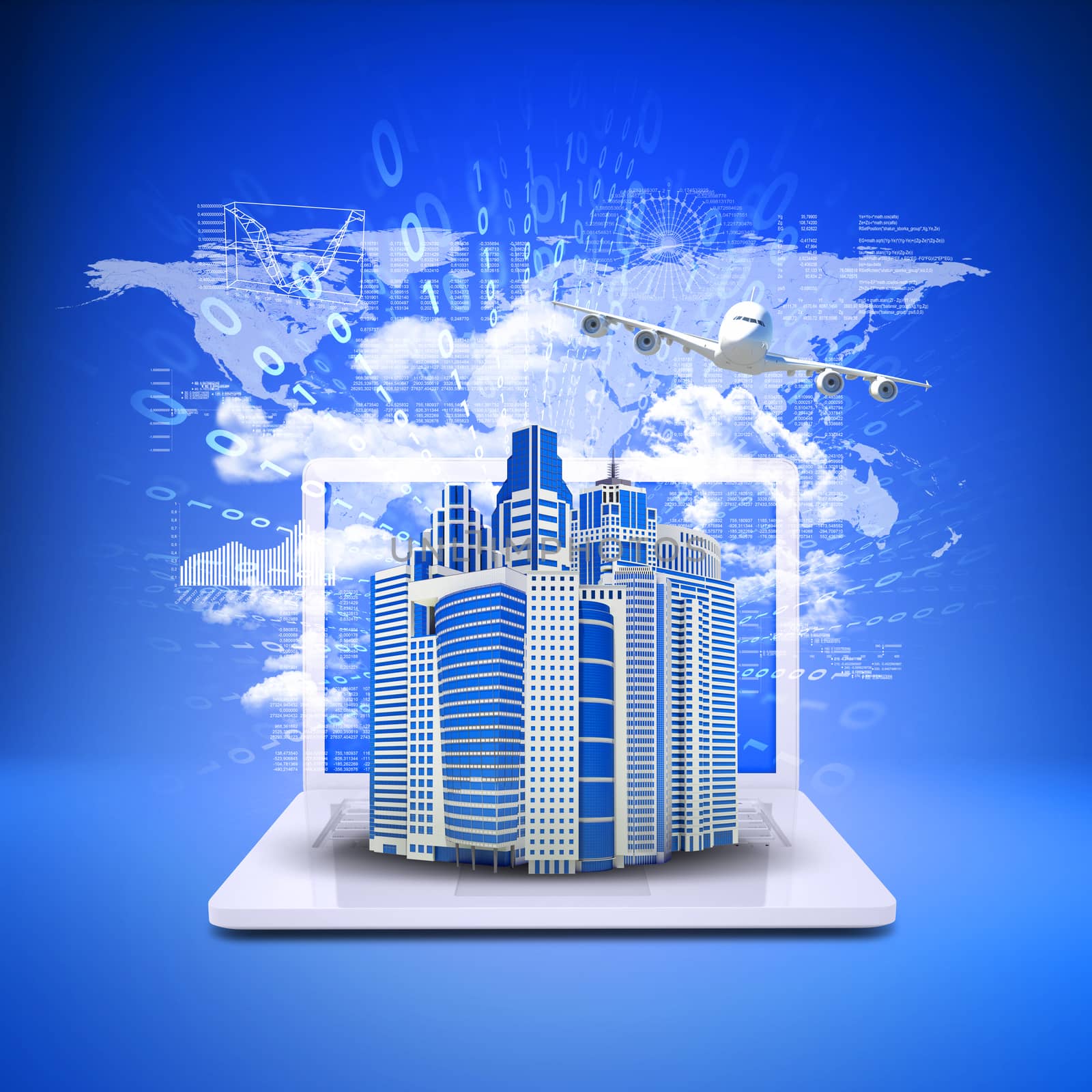 Airplane with background of skyscrapers on laptop by cherezoff