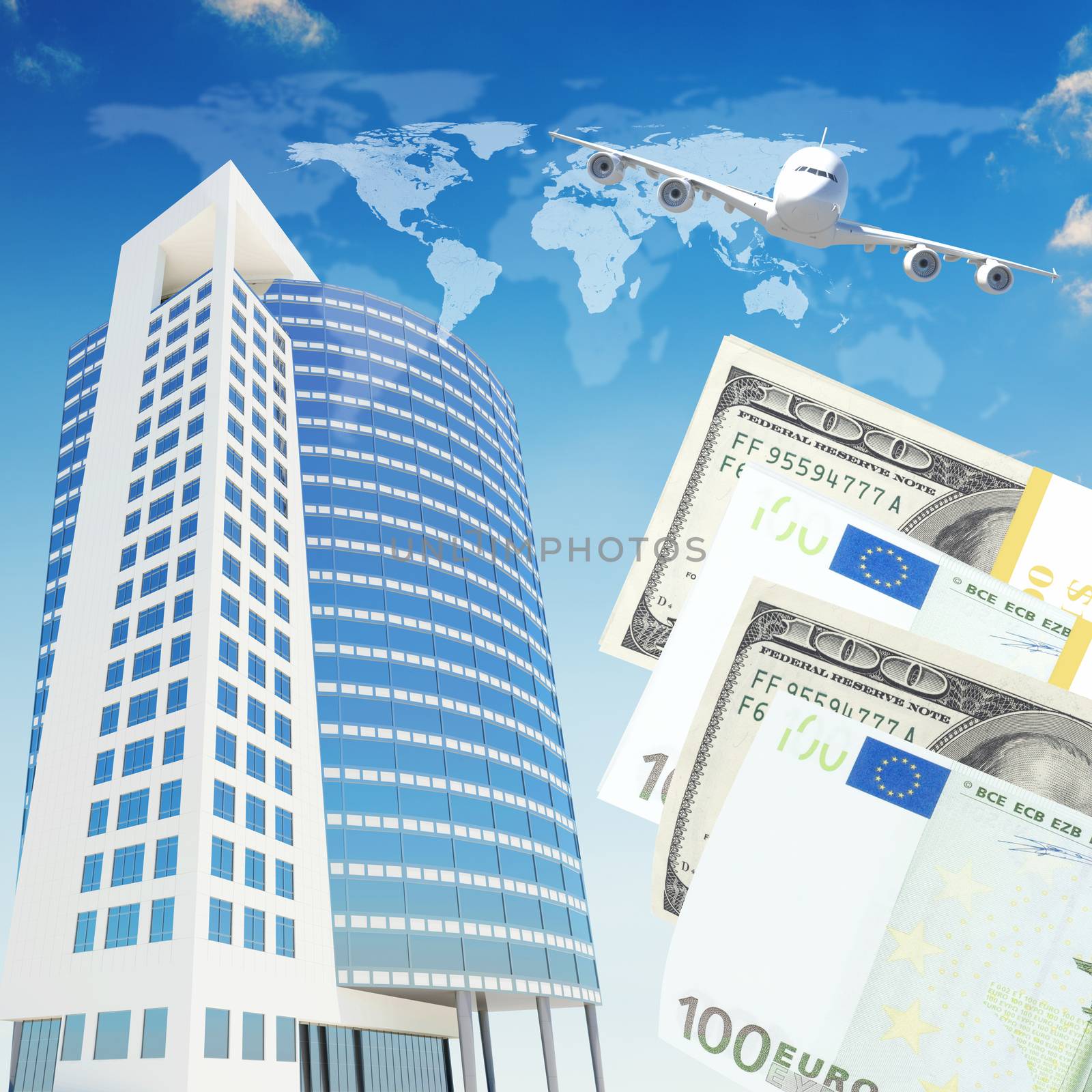 Airplane with background of skyscrapers and money by cherezoff