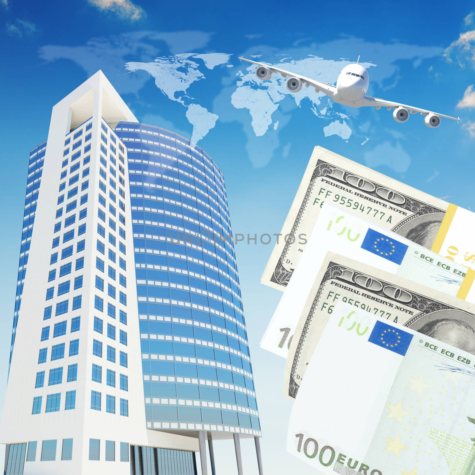 Airplane with the background of skyscrapers and money. Business concept