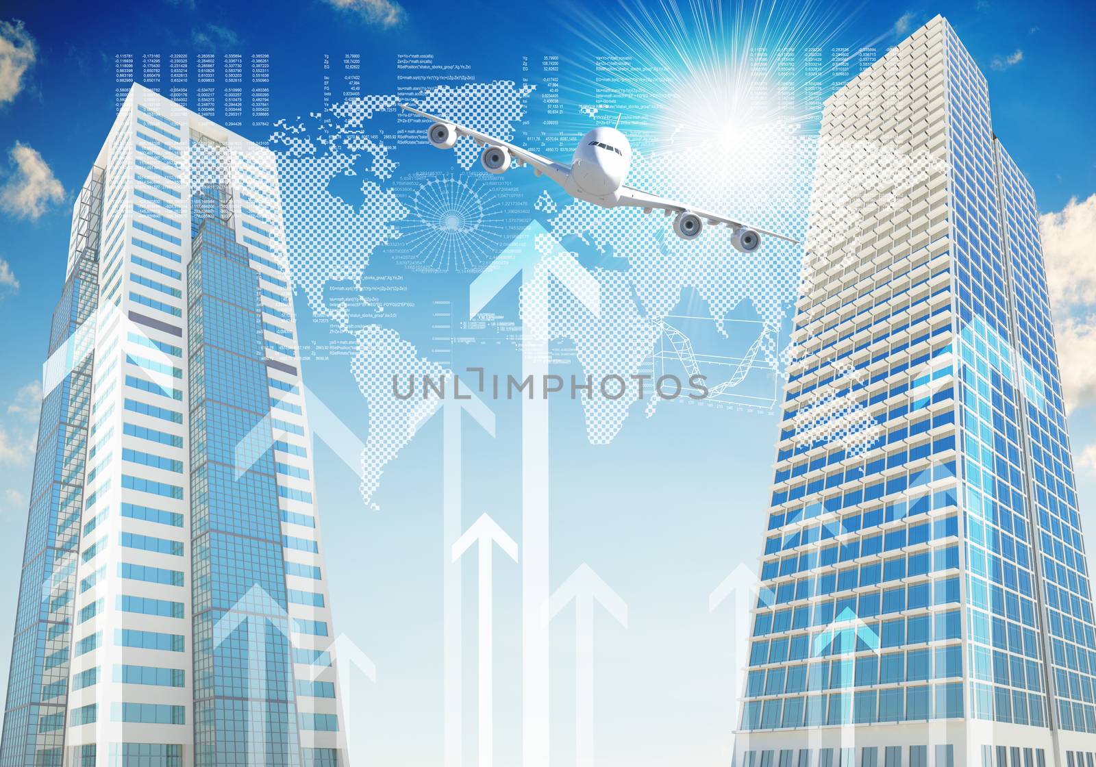 Airplane with background of skyscrapers and arrows by cherezoff