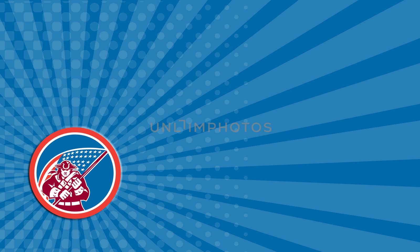 Business card showing illustration of an American Patriot brandishing holding a flag set inside a circle with on isolated background.