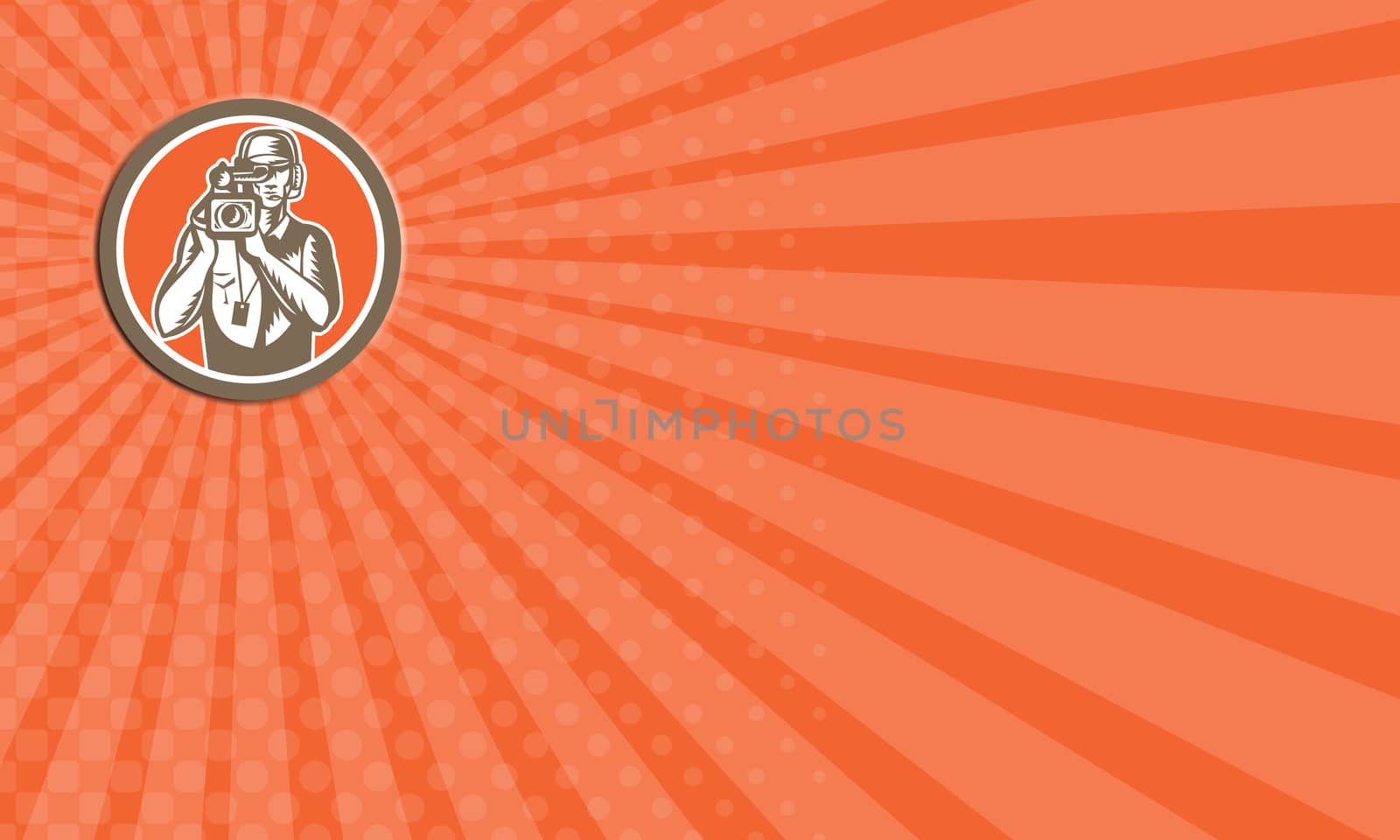Business card showing illustration of a cameraman movie director holding filming vintage movie video camera set inside circle done in retro style.