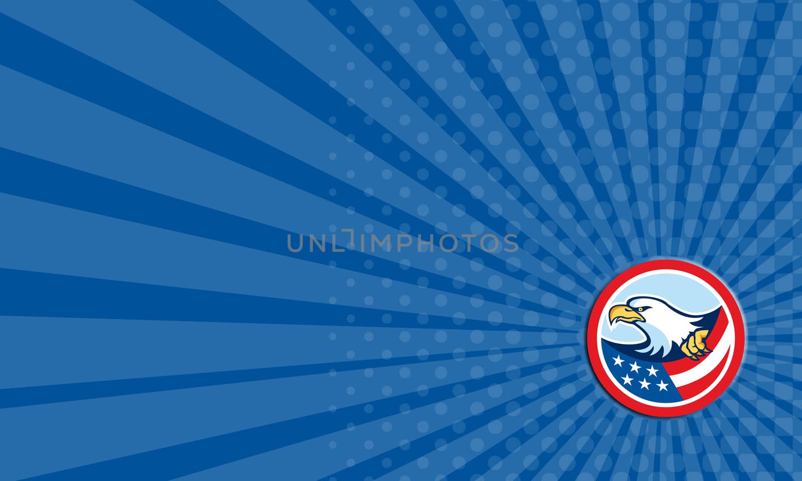 Business card showing illustration of a bald eagle clutching an american stars and stripes flag set inside circle on isolated background done in retro style.