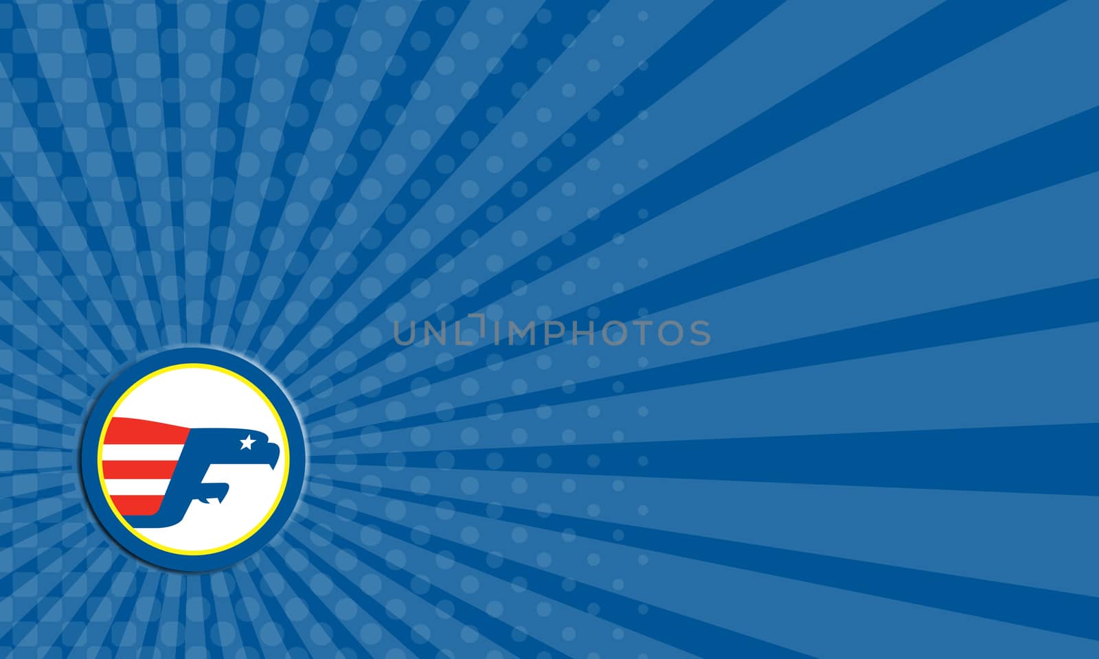 Business card showing illustration of an eagle flying side view with stripes flag set inside circle on isolated white background done in retro style.