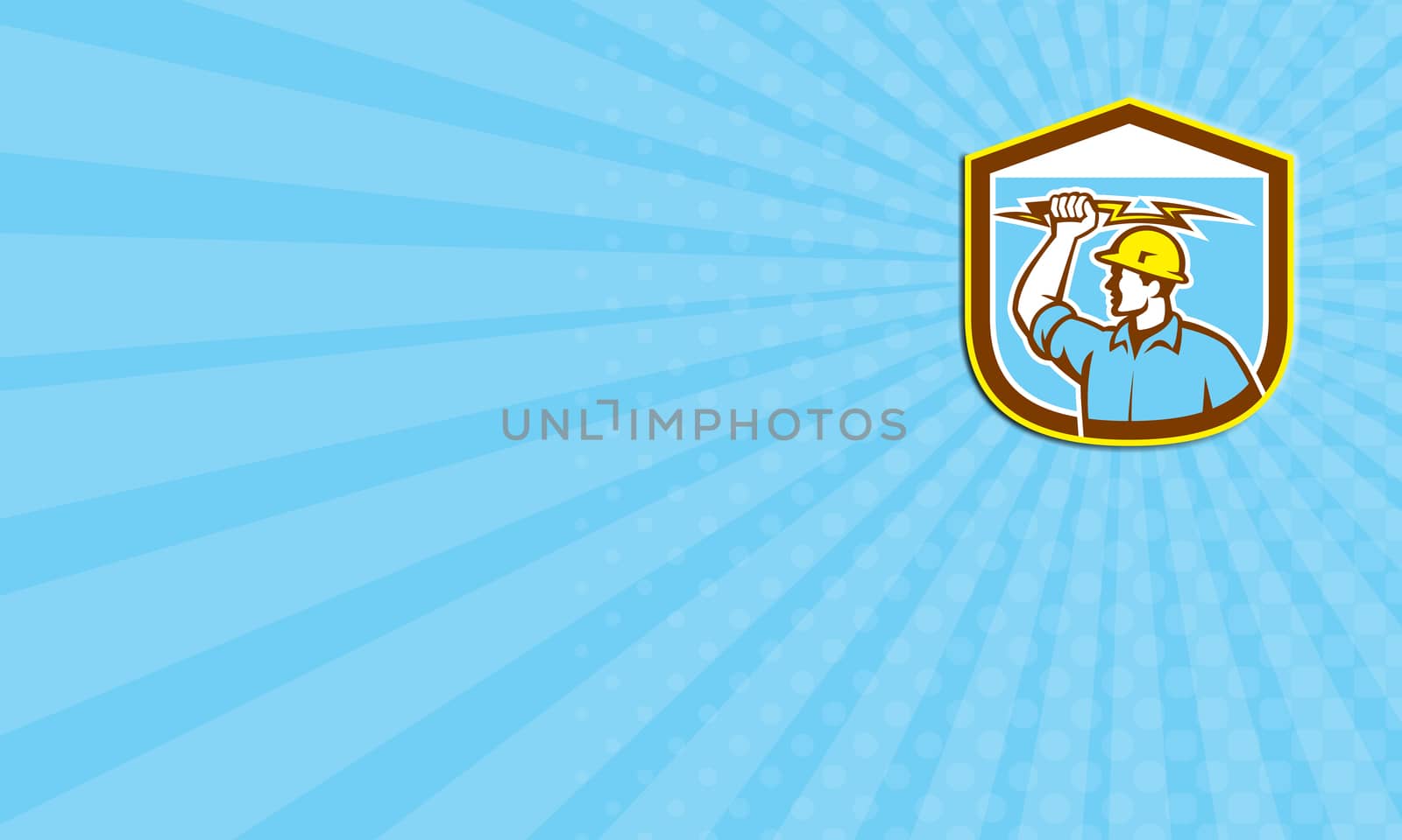 Business card showing illustration of an electrician construction worker holding a lightning bolt set inside shield crest done in retro style on isolated background.