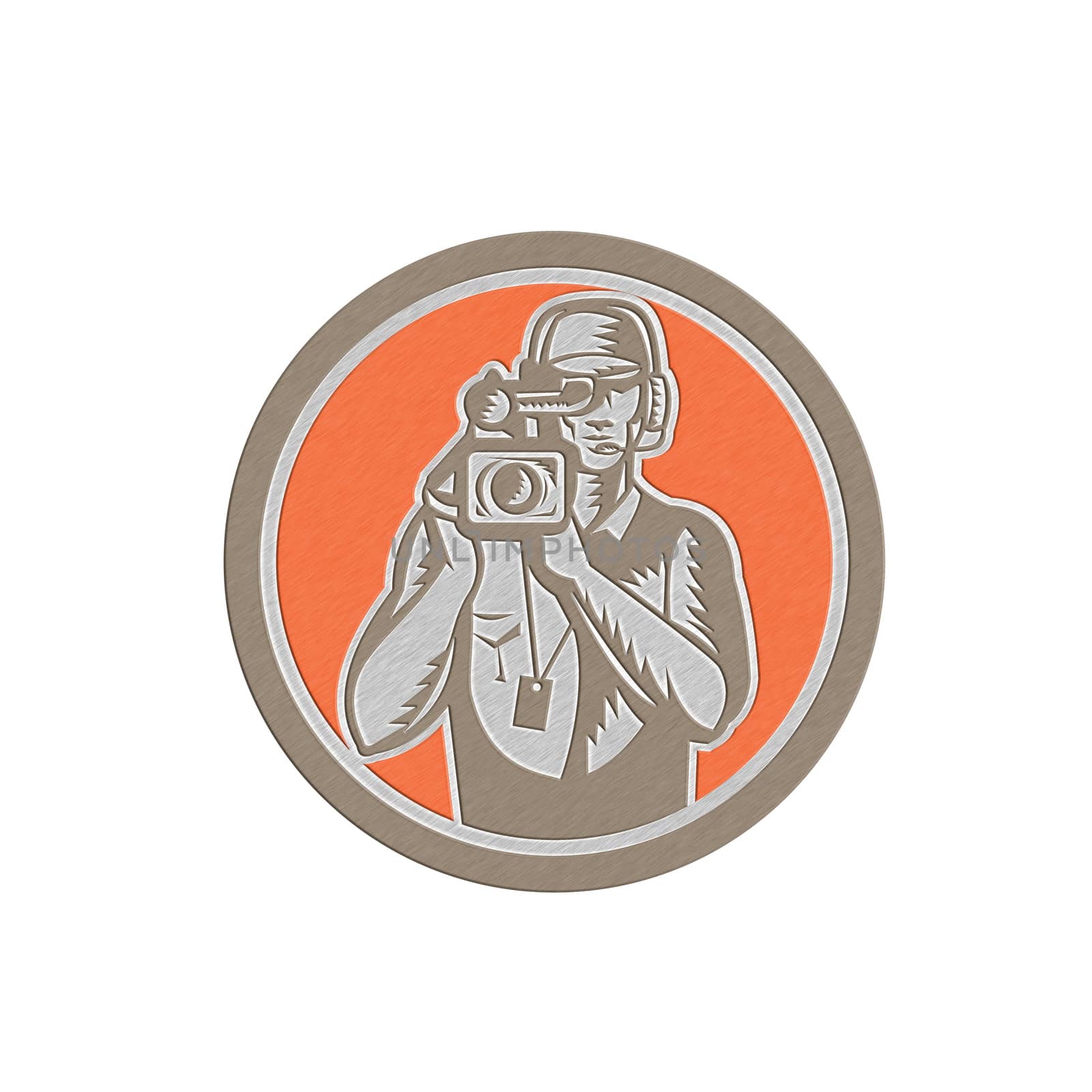 Metallic styled illustration of a cameraman movie director holding filming vintage movie video camera set inside circle done in retro style.