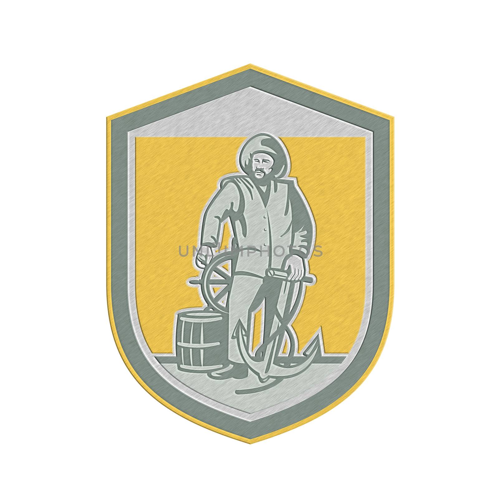 Metallic styled illustration of a fisherman sea captain holding anchor at the helm with steering wheel and drum set inside shield crest done in retro style.