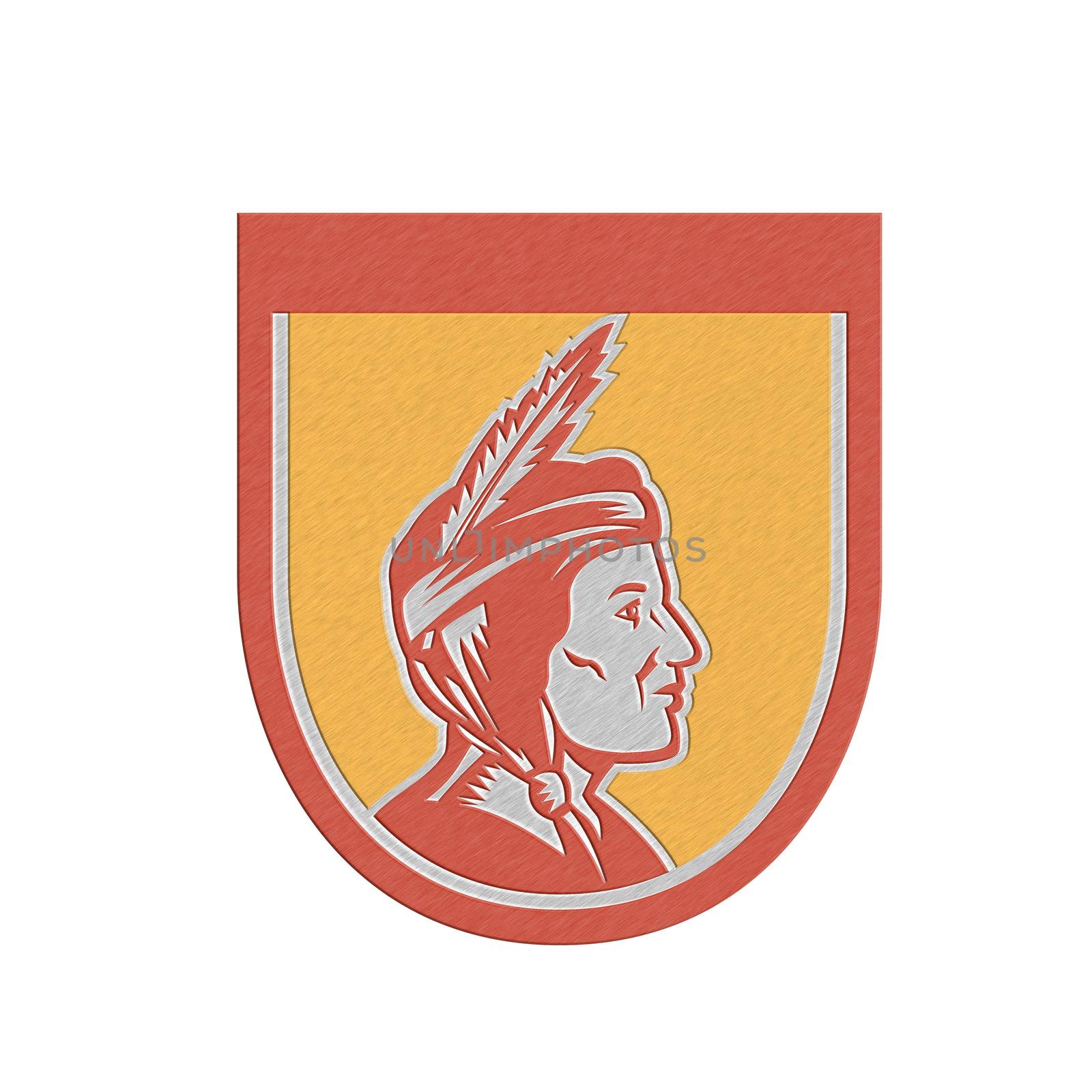 Metallic styled illustration of a native american indian chief sideview with headdress set inside shield crest on isolated background.