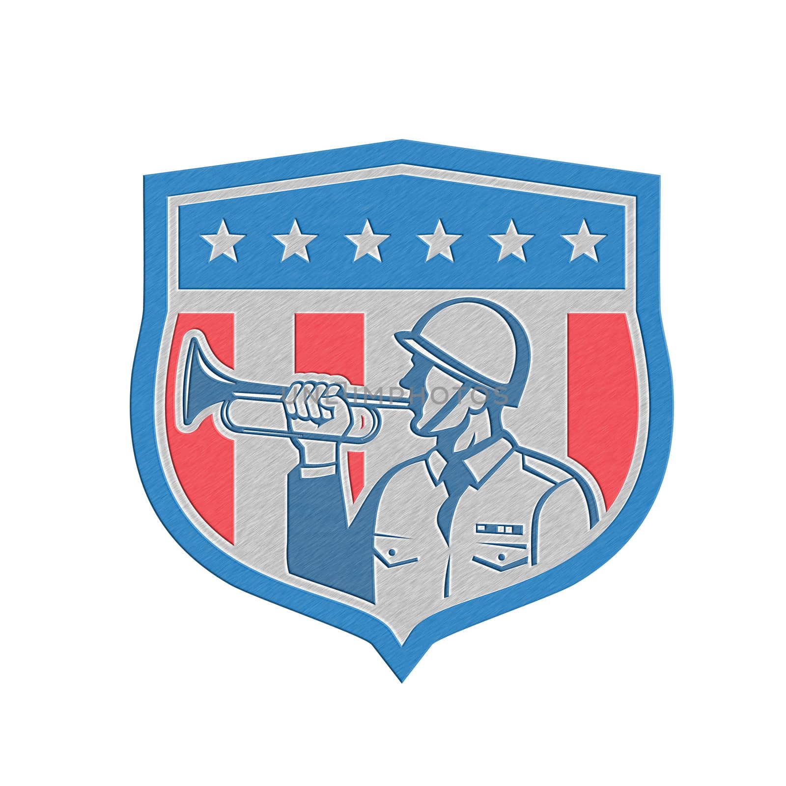 Metallic styled illustration of a soldier military police personnel  blowing a bugle set inside crest shield with stars stripes done in retro style.