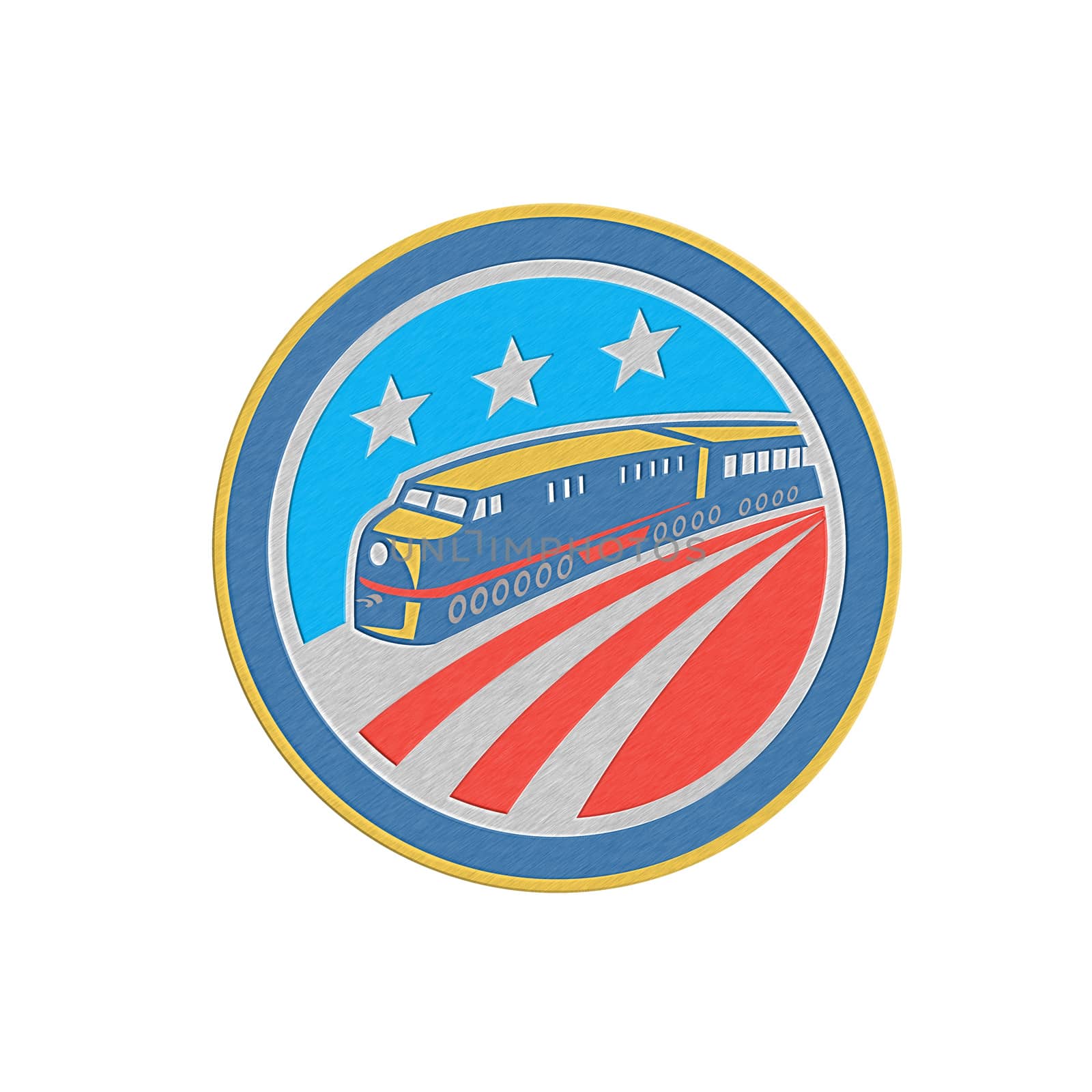 Metallic styled illustration of a steam train locomotive viewed from front set inside shield crest on isolated background done in retro style.