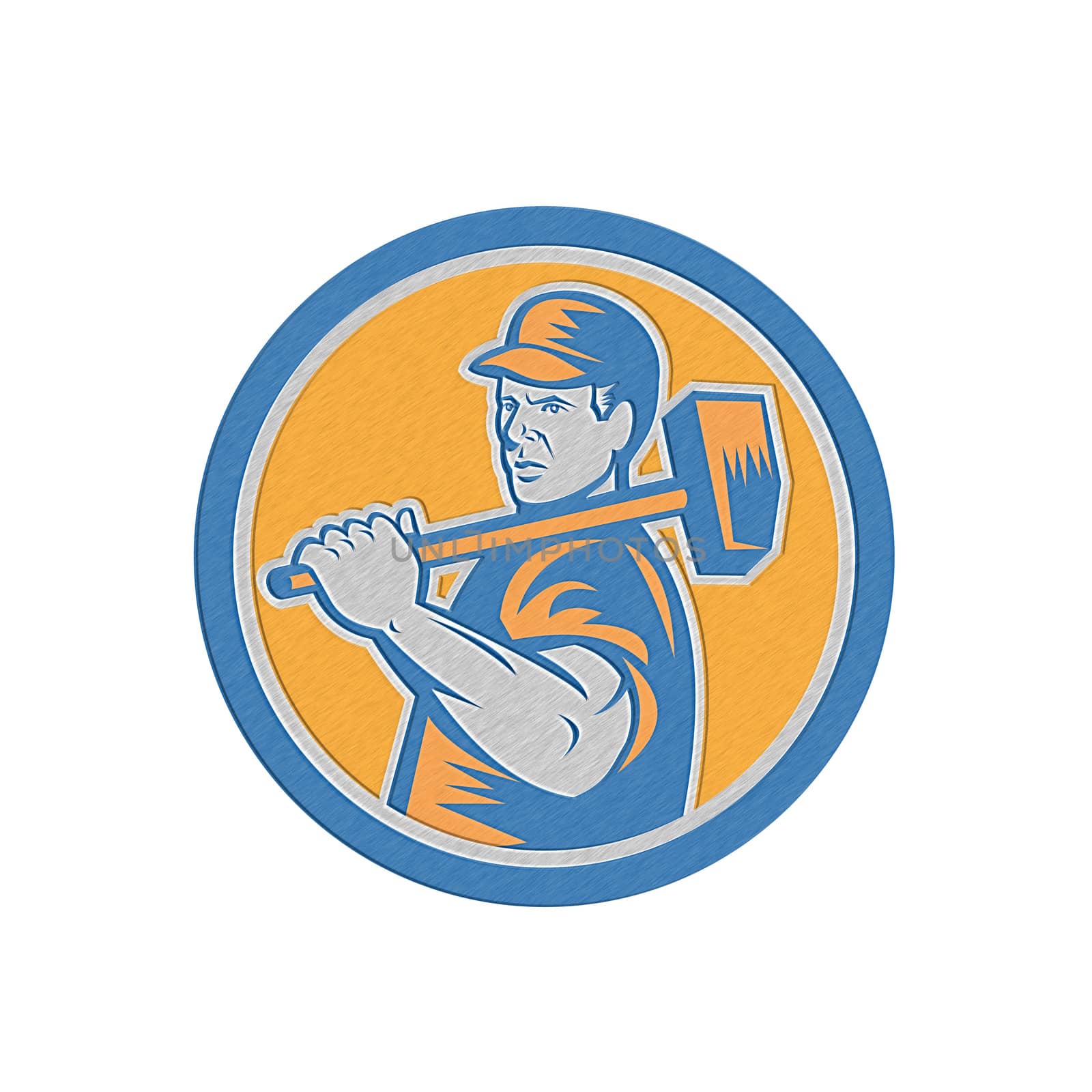 Metallic styled illustration of a union worker holding sledgehammer hammer over shoulder done in retro style set inside circle on isolated background.