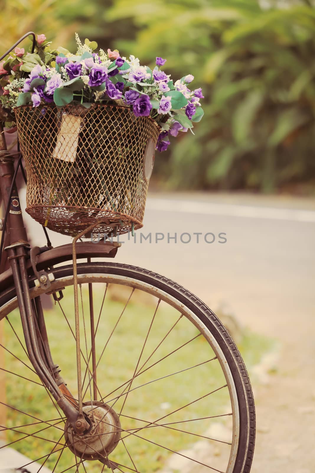 The bike basket with roses with retro filter effect