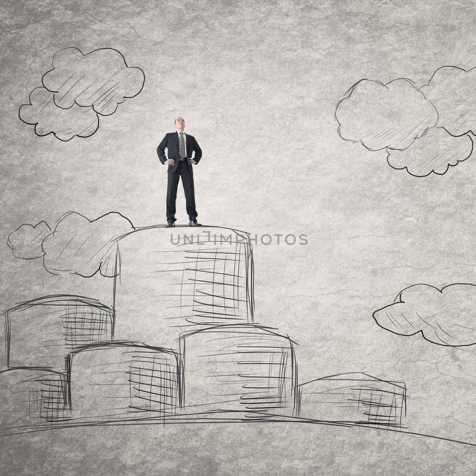 Successful Asian businessman standing on a top . Photo compilation with hand drawn background.