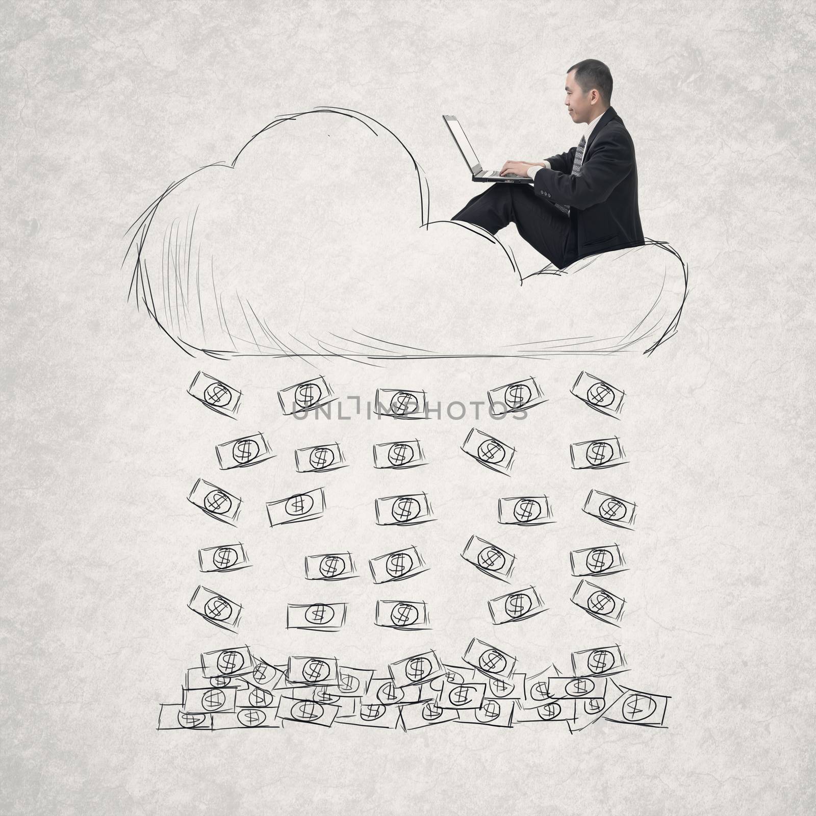 Asian businessman working on cloud. Photo compilation with hand drawn background.