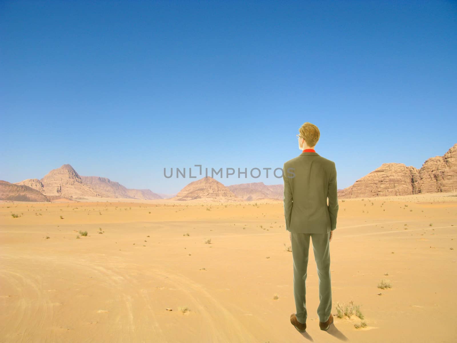 Young business man standing in African desert