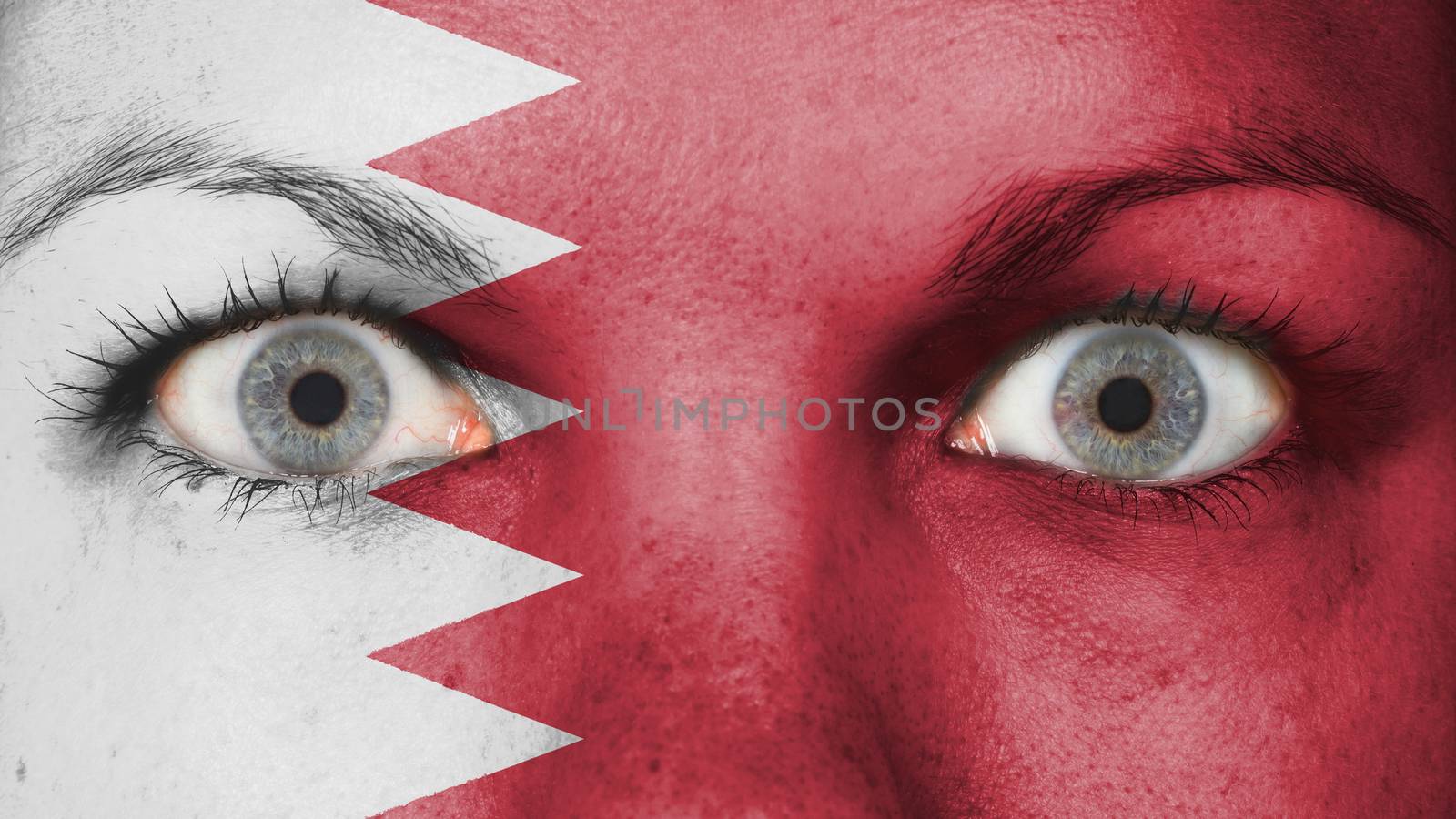 Women eye, close-up, blue eyes, flag of Bahrain