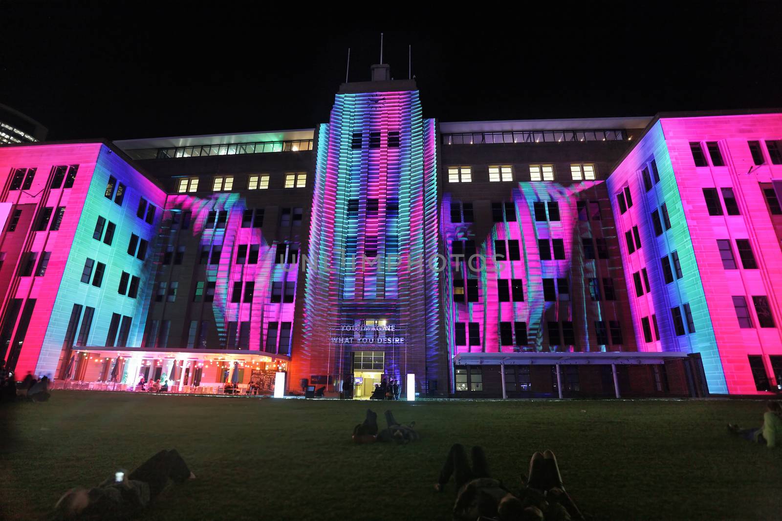SYDNEY, NSW, AUSTRALIA - JUNE 2, 2014; Museum of Contemporary Art comes alive with moving imagery and music  during Vivid Sydney festival event for locals and tourists to enjoy.