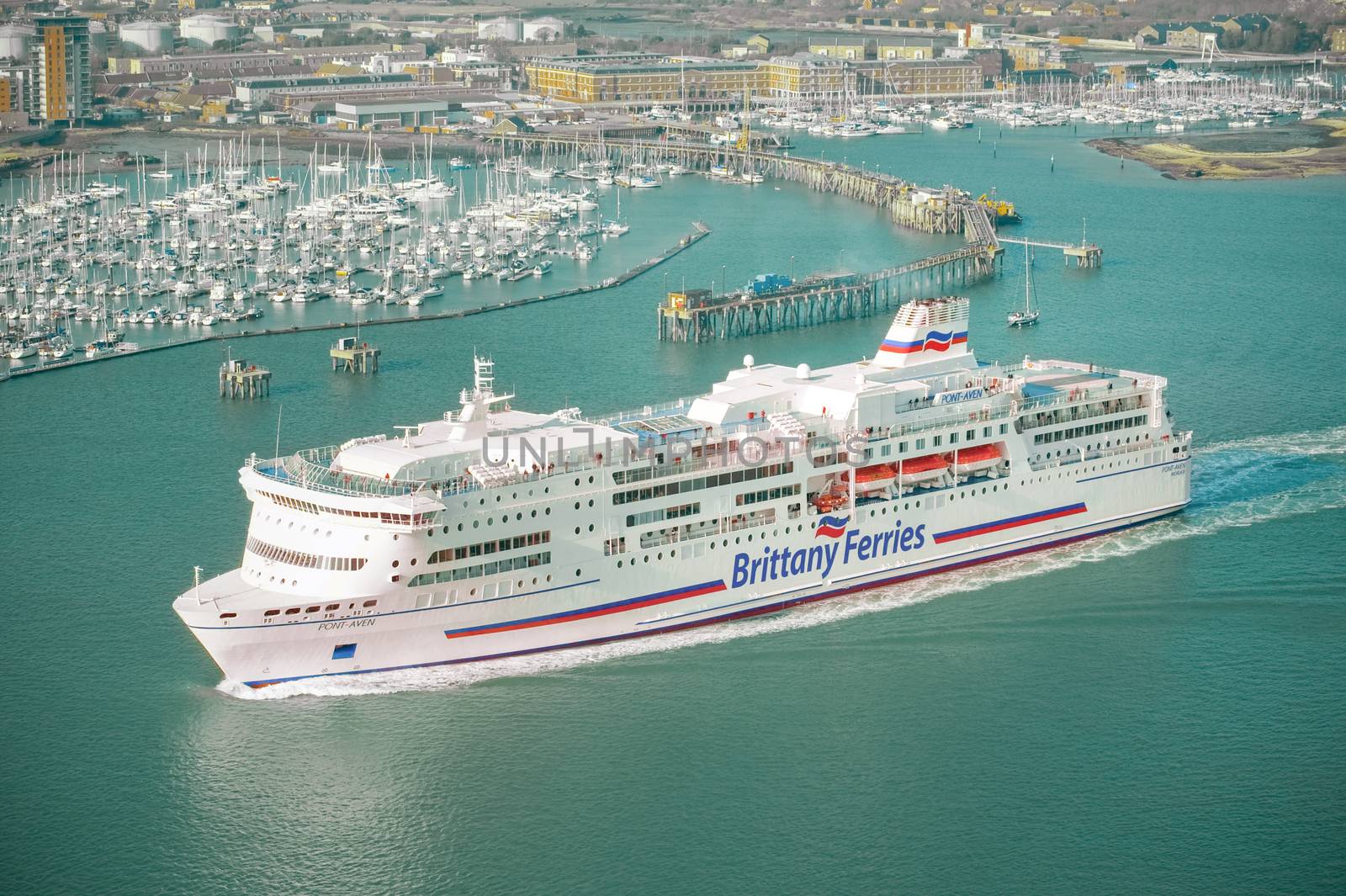 Portsmouth, UK - February 1, 2012: Brittany Ferries 41,700 tonne ship Pont-Aven leaving the UK port of Portsmouth on a cross-channel trip to mainland Europe.