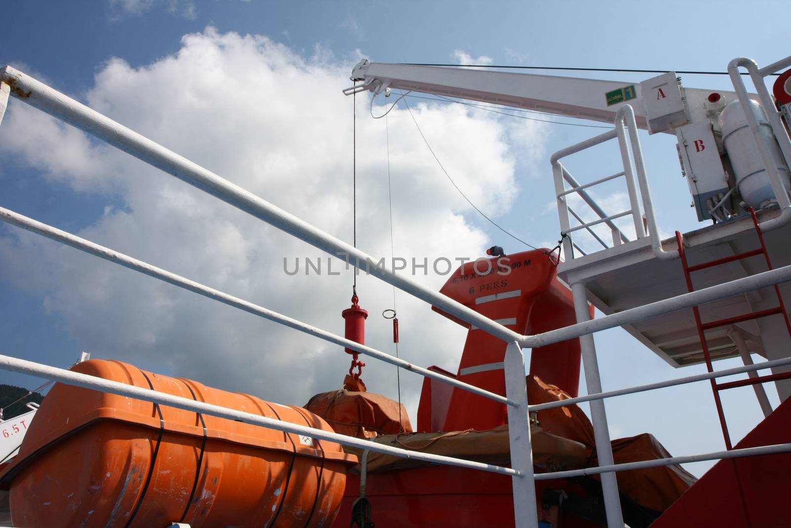 Various ship equipment on the ferry at the Mediterranean sea