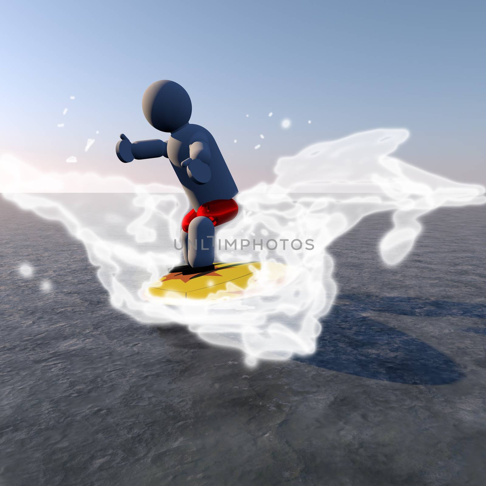 Puppet surfing in the waves, 3d render