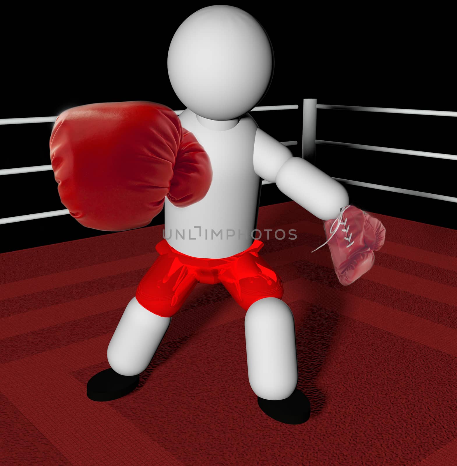 Red gloved puppet boxer over the ring, 3d render