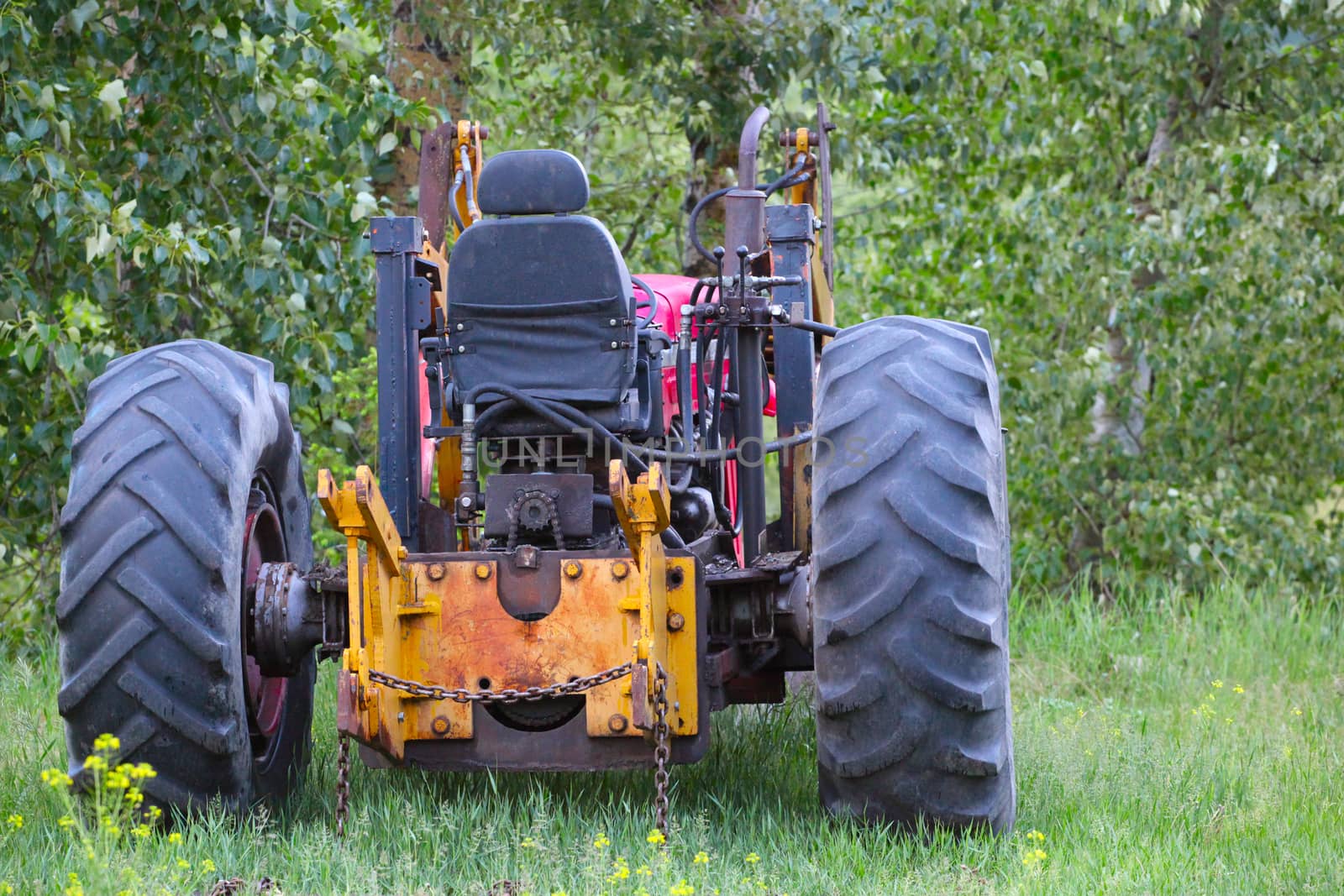 Old tractor standing in a field with trees 