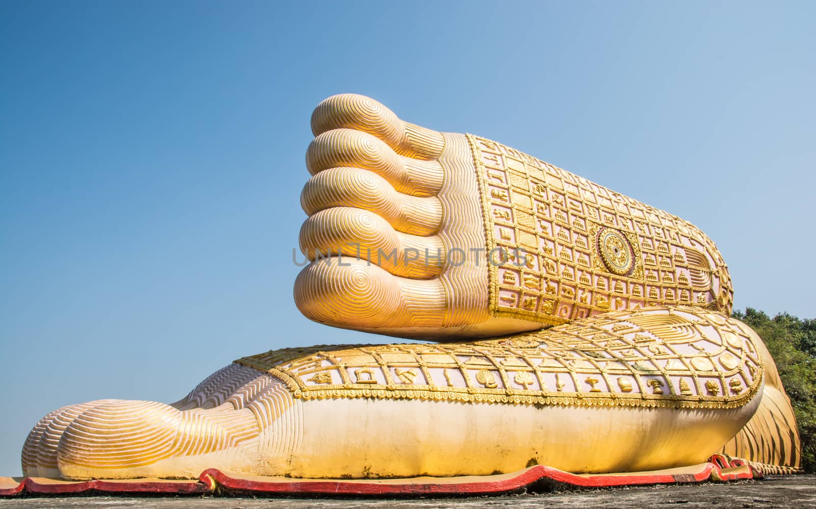 the buddha feet in the Thai temple made from money of people in the village