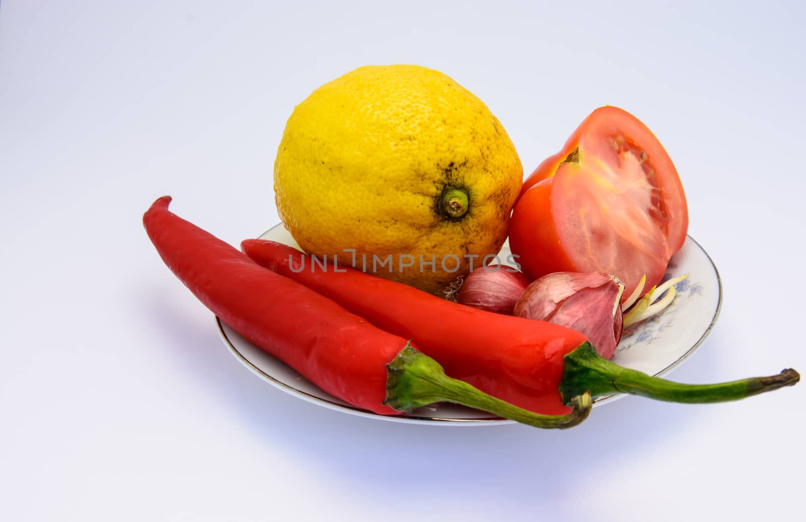 Combination of fresh ingredient on the white background.