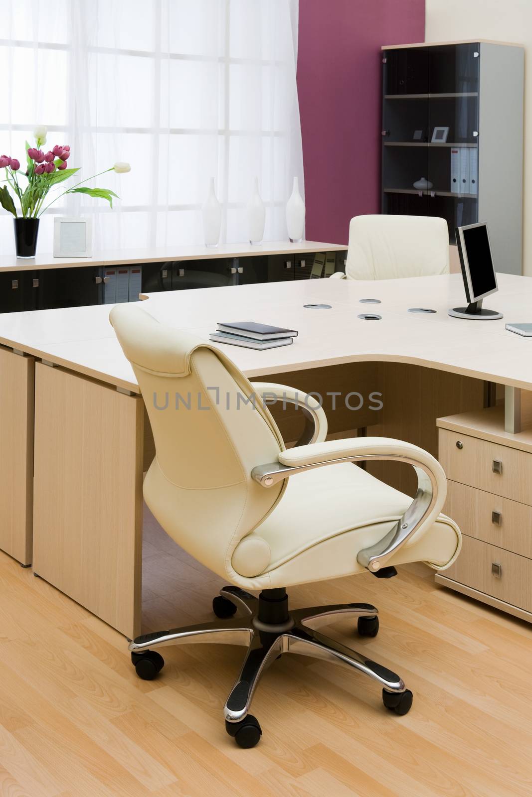 Beige leather armchairs at modern new office