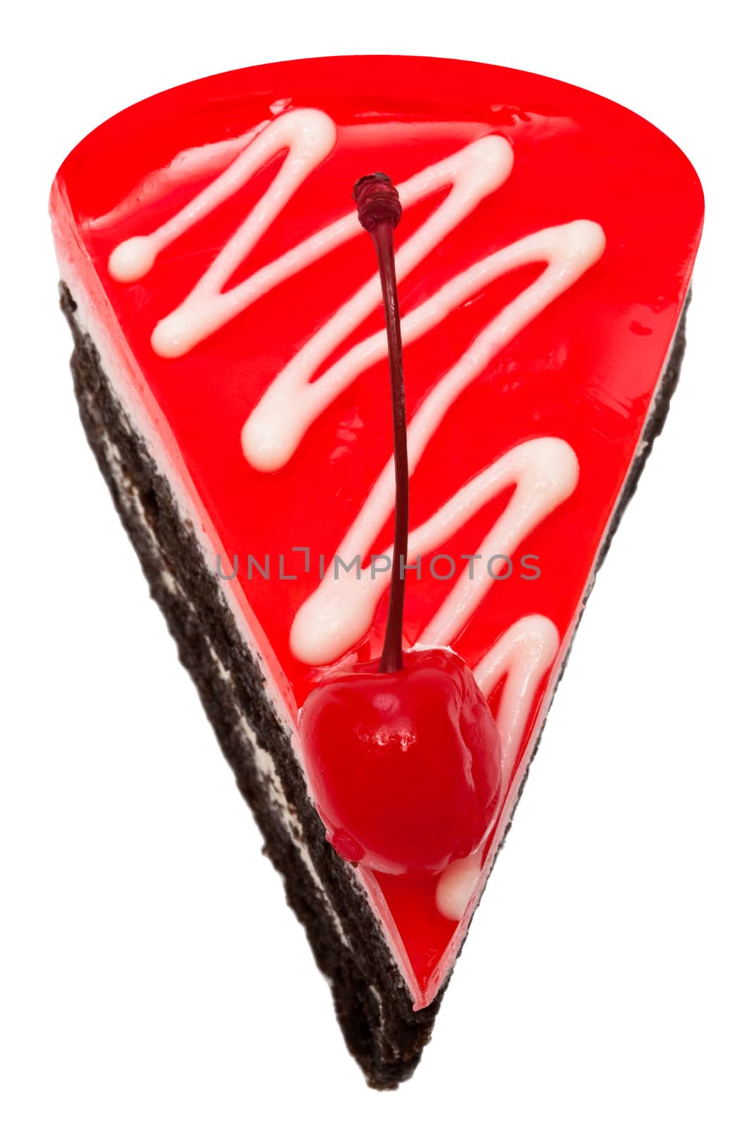 Chocolate pie with a cherry on a white background