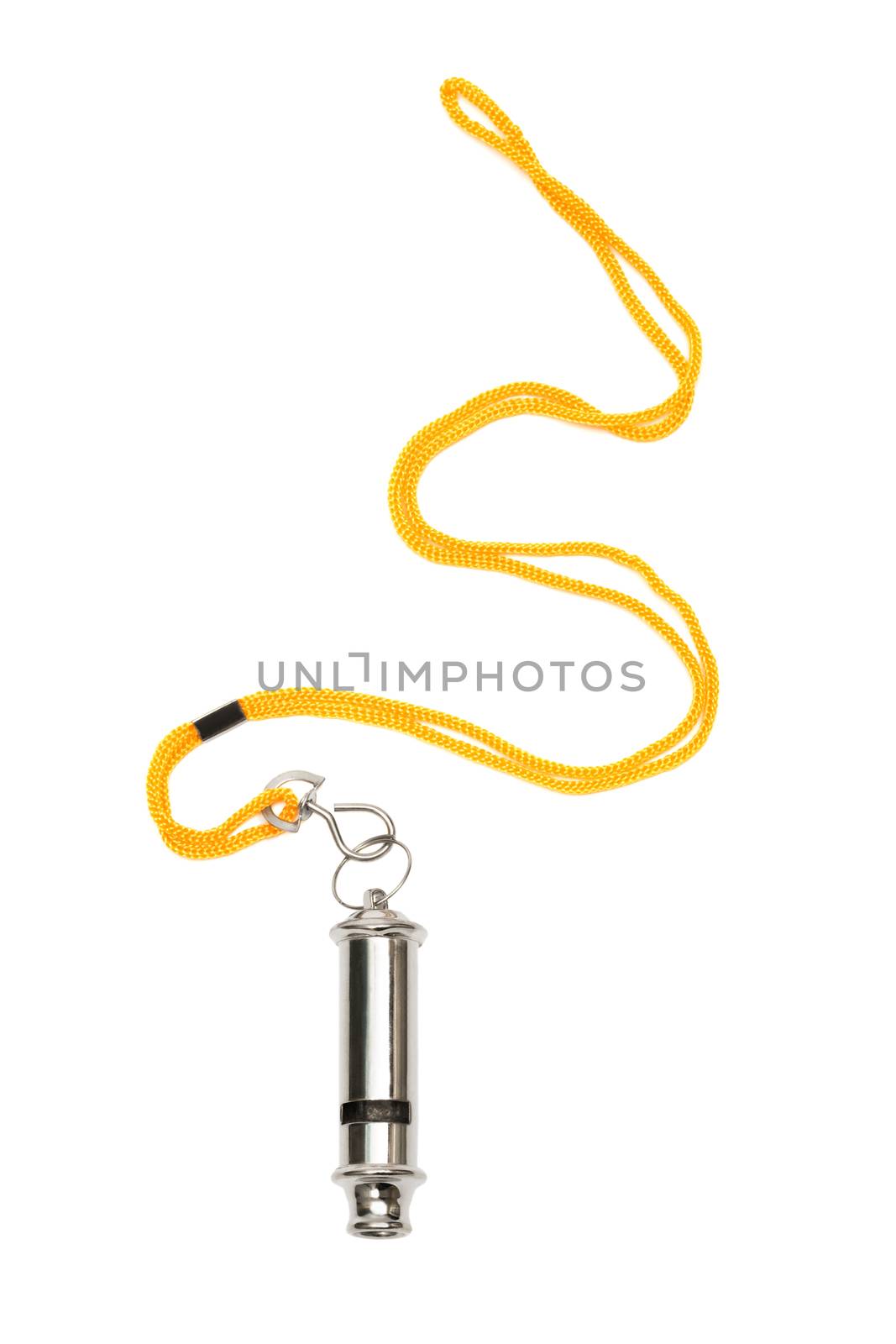 Metal whistle with a yellow cord on a white background