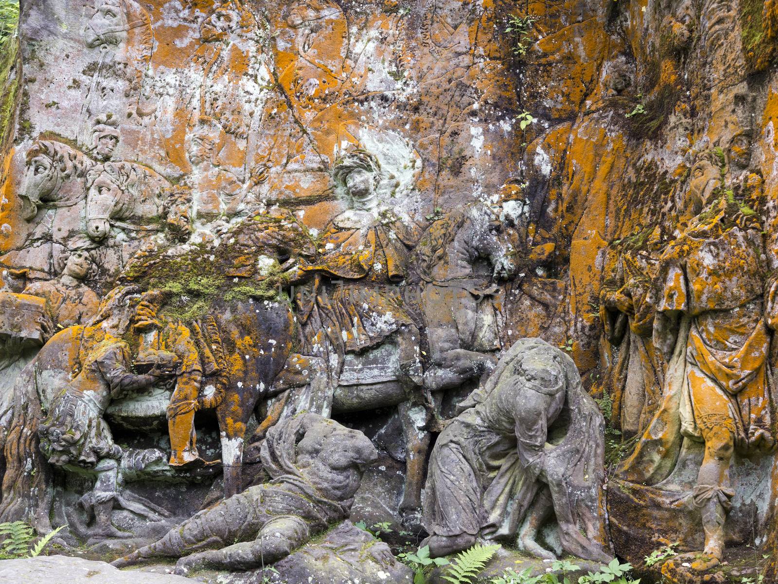 Kuks Forest Sculptures - Adoration of the Magi - detail of the Baroque relief by Matthias Bernard Braun in the Bethlehem of Braun, Kuks, Czech Republic. The Bethlehem of Braun (Czech: Braunuv Betlem) is a complex of Baroque statues and relieves carved by famous sculptor Matthias Bernard Braun directly in sandstone rocks in the forest near complex Kuks Hospital in Northern Bohemia, Czech Republic. Part of the sculptures in the New Forest is ranked the best works of Czech Baroque sculpture. Since 2002, the area is protected as a National Historic Landmark and were listed in the 2000 World Monuments Watch by the World Monuments Fund.